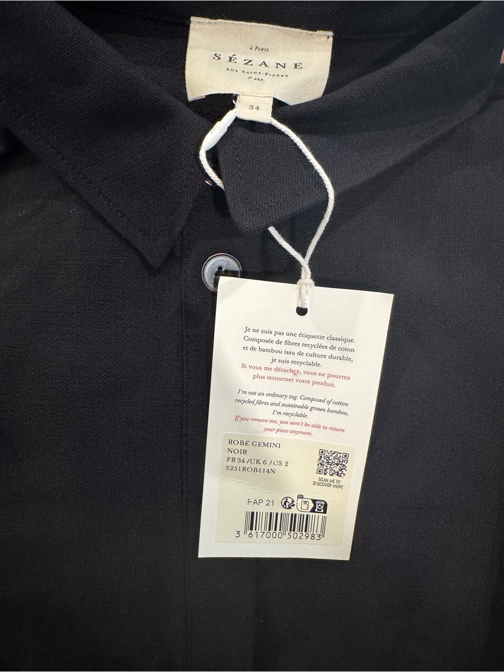 Sézane Black Short-Sleeve Button Mini Dress with Belt - Picture 5 of 6